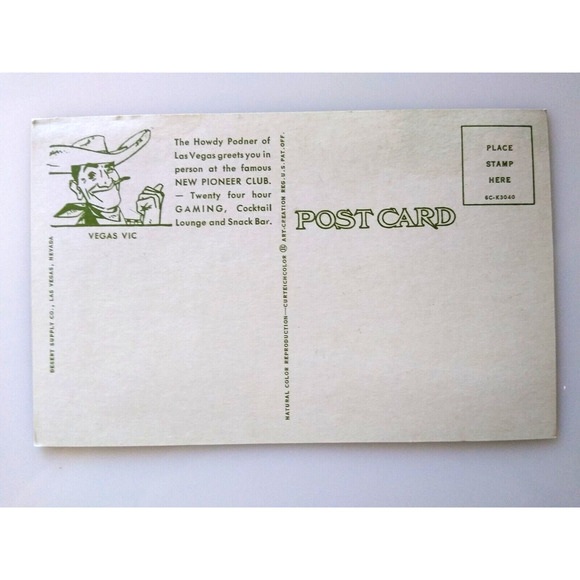 Pioneer Club Casino Postcard Las Vegas Nevada Cowboy Vic Neon Sign Old Cars Slot - Picture 3 of 5